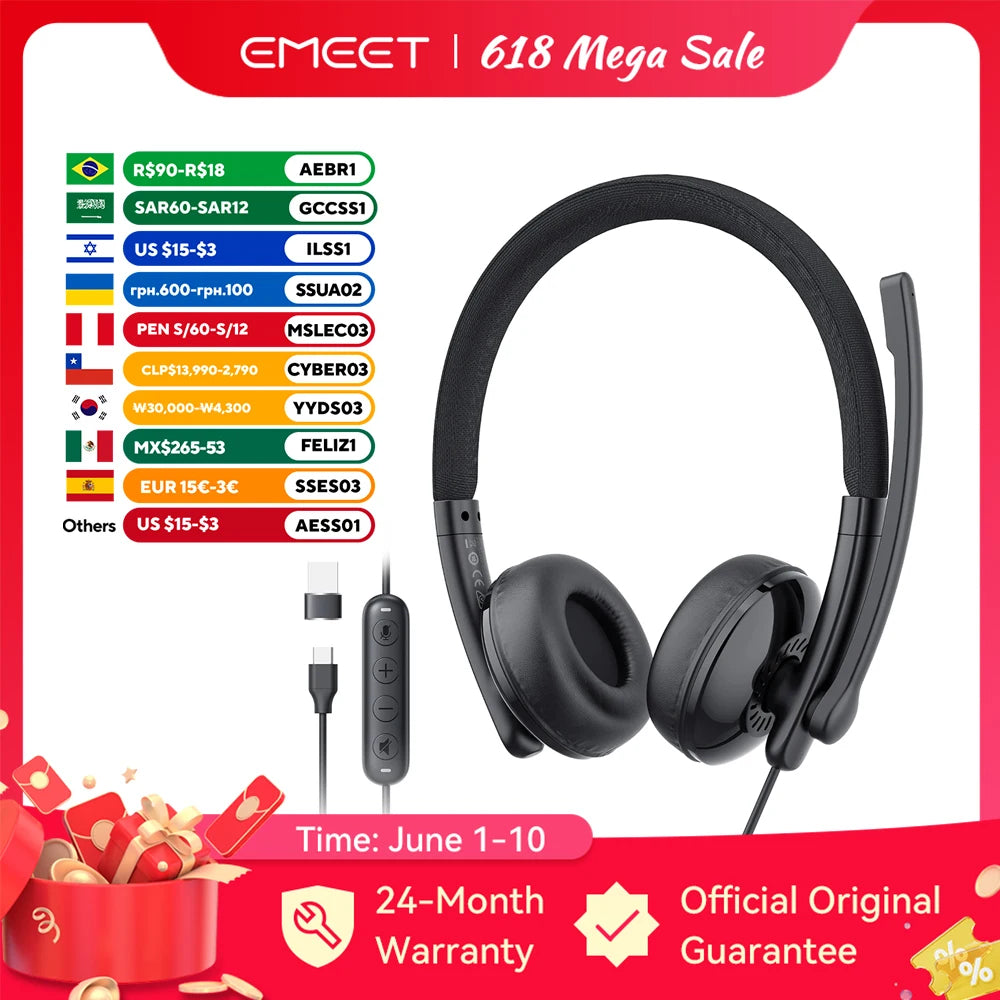 EMEET Wired Headset with Microphone Call Center USB Headphones ENC Noise Cancelling Office Cable Earphones for Phone/PC Computer