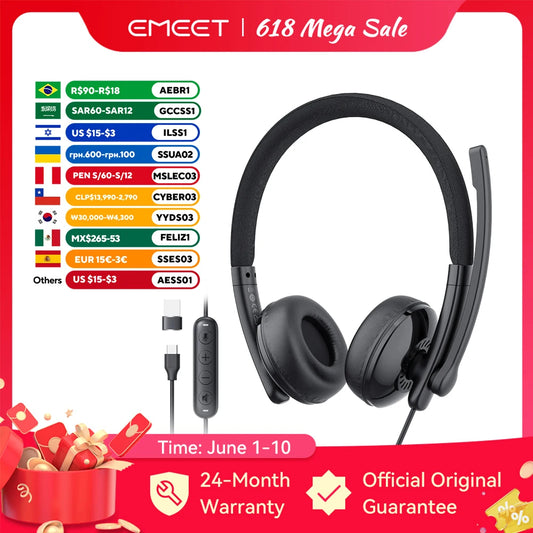 EMEET Wired Headset with Microphone Call Center USB Headphones ENC Noise Cancelling Office Cable Earphones for Phone/PC Computer